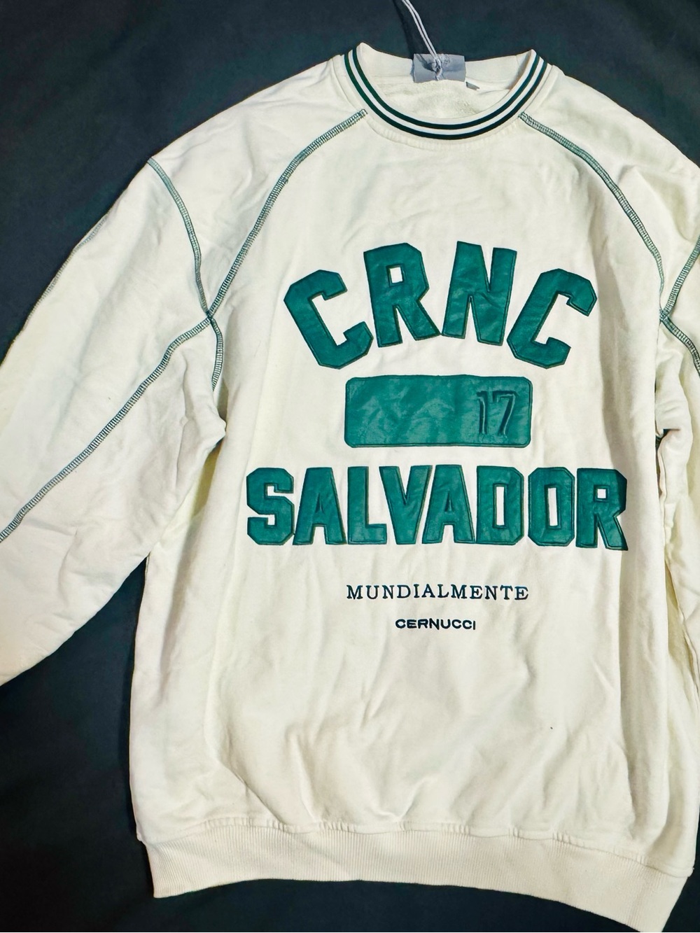 CÉRNUCCI CREAM & TEAL VARSITY CREWNECK SWEATSHIRT